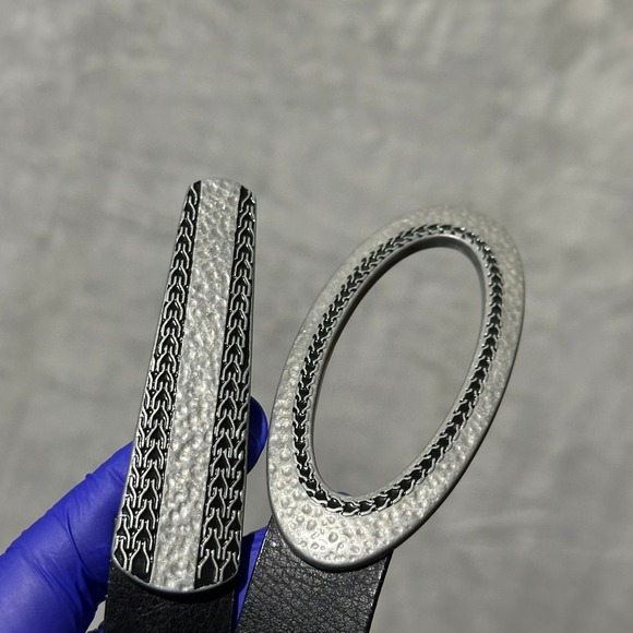 Chicos Black Genuine Leather Belt Oval Silver Tone Chain Detail Buckle M/L - Picture 8 of 8